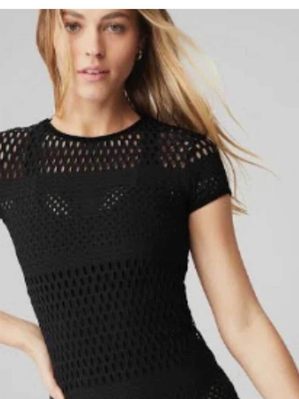 ALO Yoga Black Open-Knit Short Sleeve Mini Dress - Picture 4 of 7